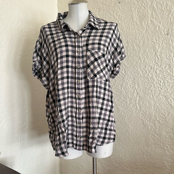 Pistola Soft Woven Cream Black Gingham Plaid Short Sleeve Button Up Shirt XXL - Picture 1 of 9